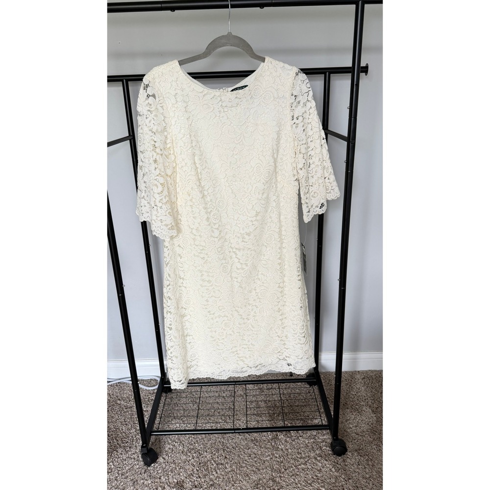 Lauren Ralph Lauren Cream Floral Lace Bell Sleeve Sheath Dress Size 12 NWT